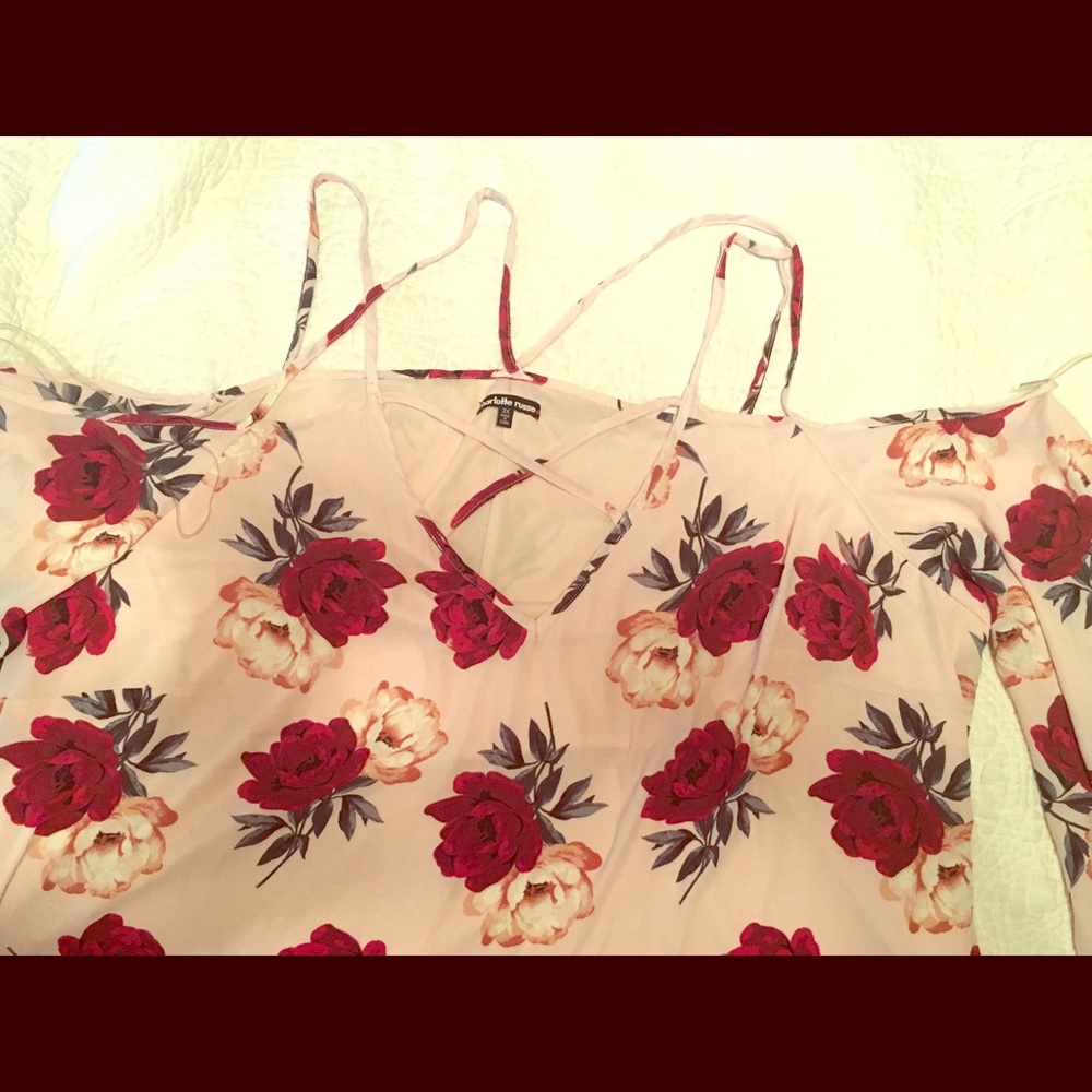 Cold shoulder pink rose print dress